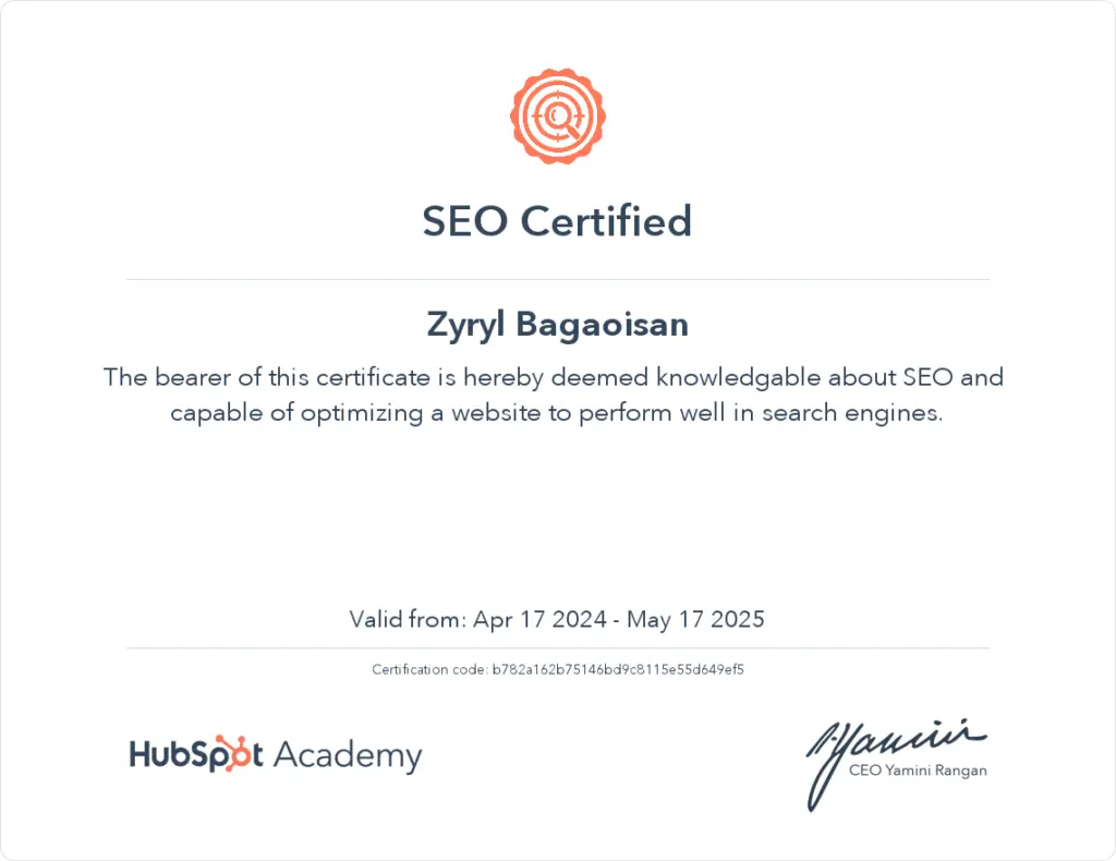 hubspot SEO completion of zyryl bagaoisan