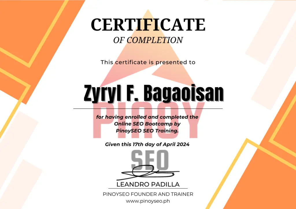 pinoy seo completion of zyryl bagaoisan as seo specialist